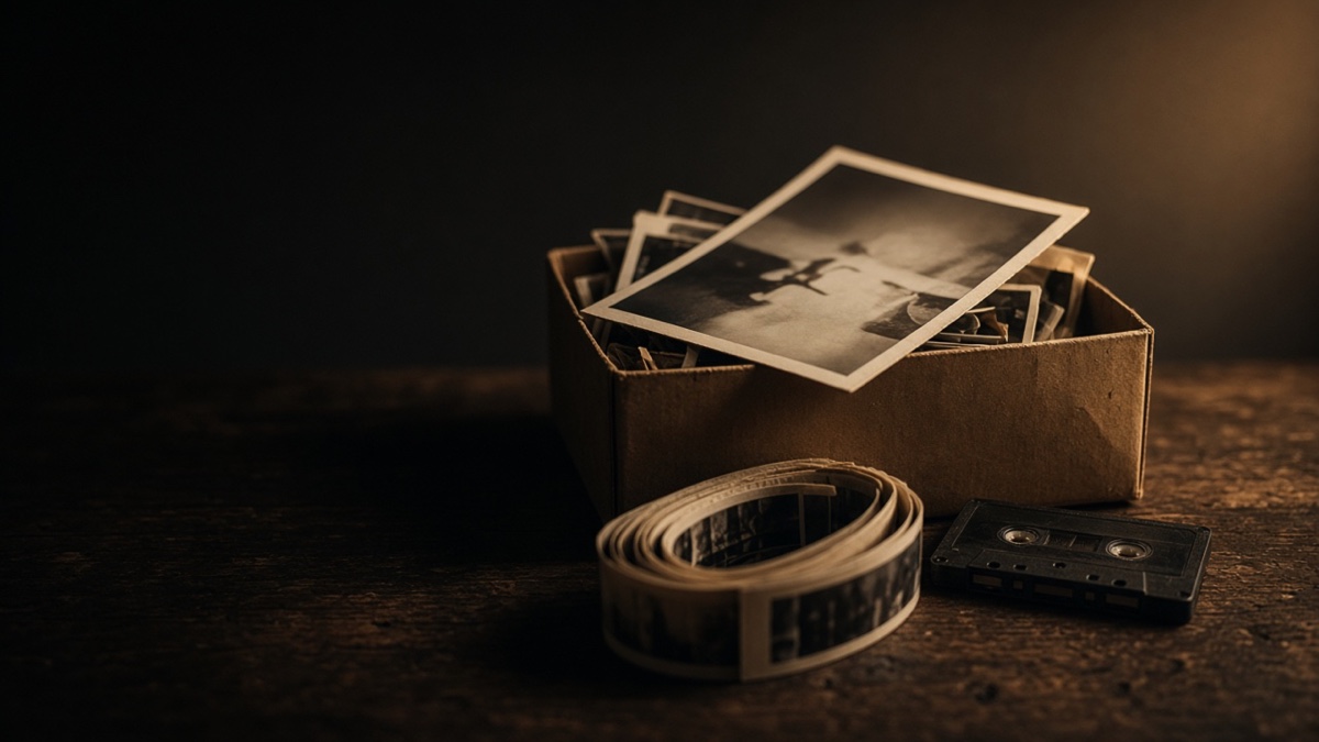 A worn shoebox of photographs, a film strip and a cassette on dark wood — the archive, half open