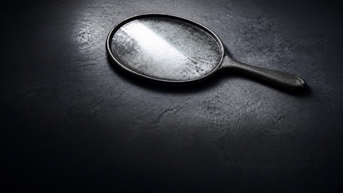 A tarnished hand mirror face-up on cold slate, catching one shaft of grey daylight — it holds the light, not a face